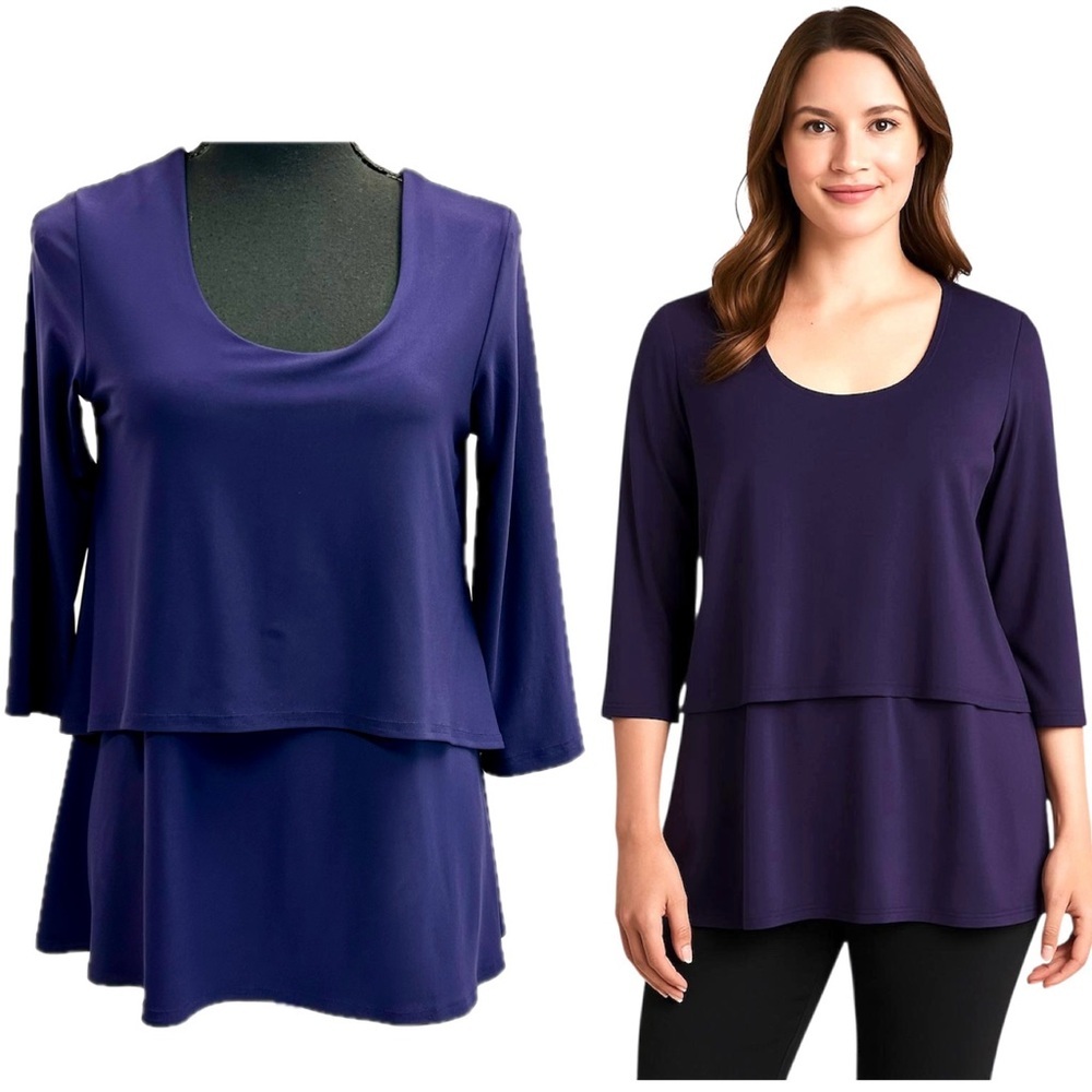 Sympli Cascade Jersey 3/4 Sleeve Tiered Top blouse dark purple indigo Sz 6